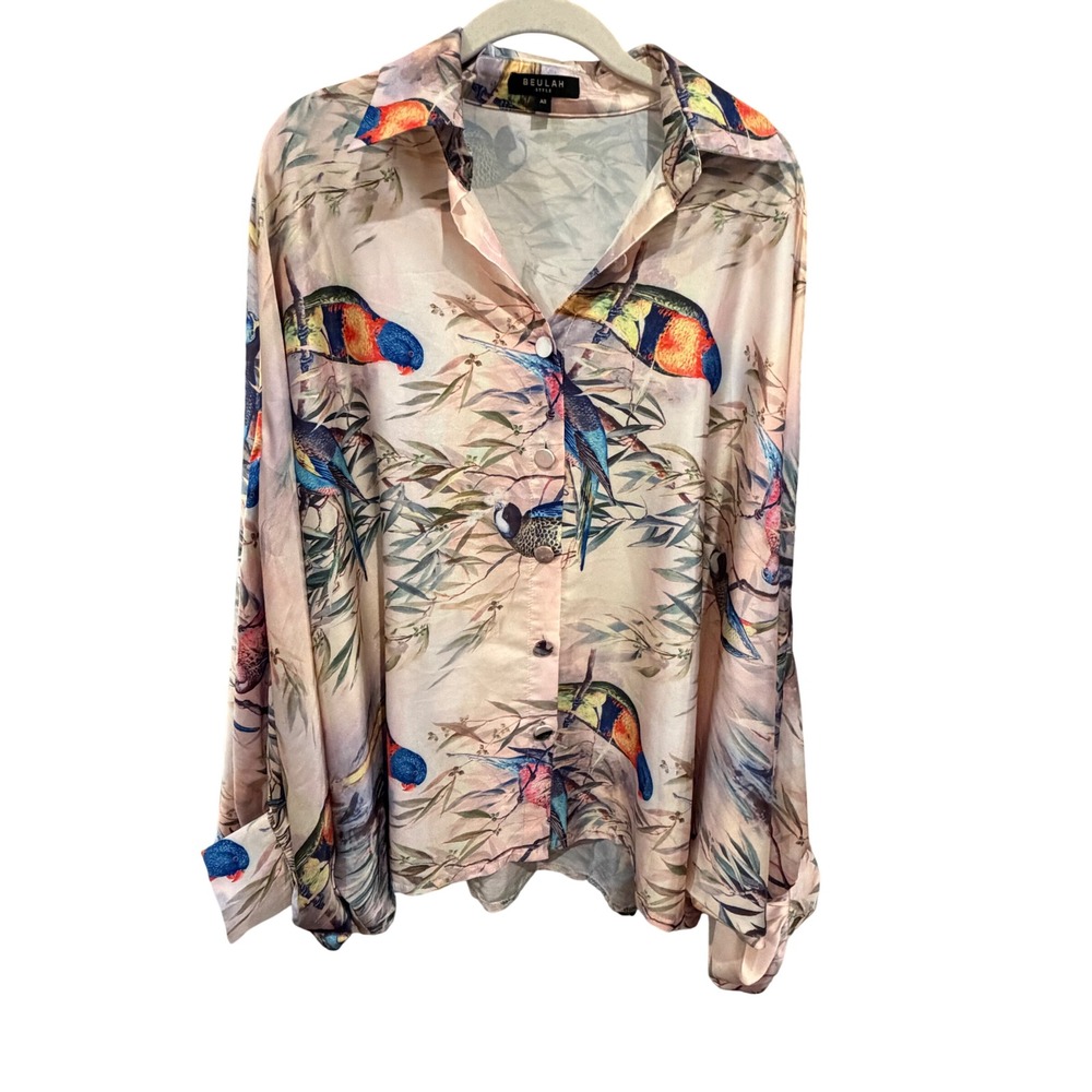 Beulah Style Pink Tropical Parrot Bird Print Satin Button Down Shirt MC2366